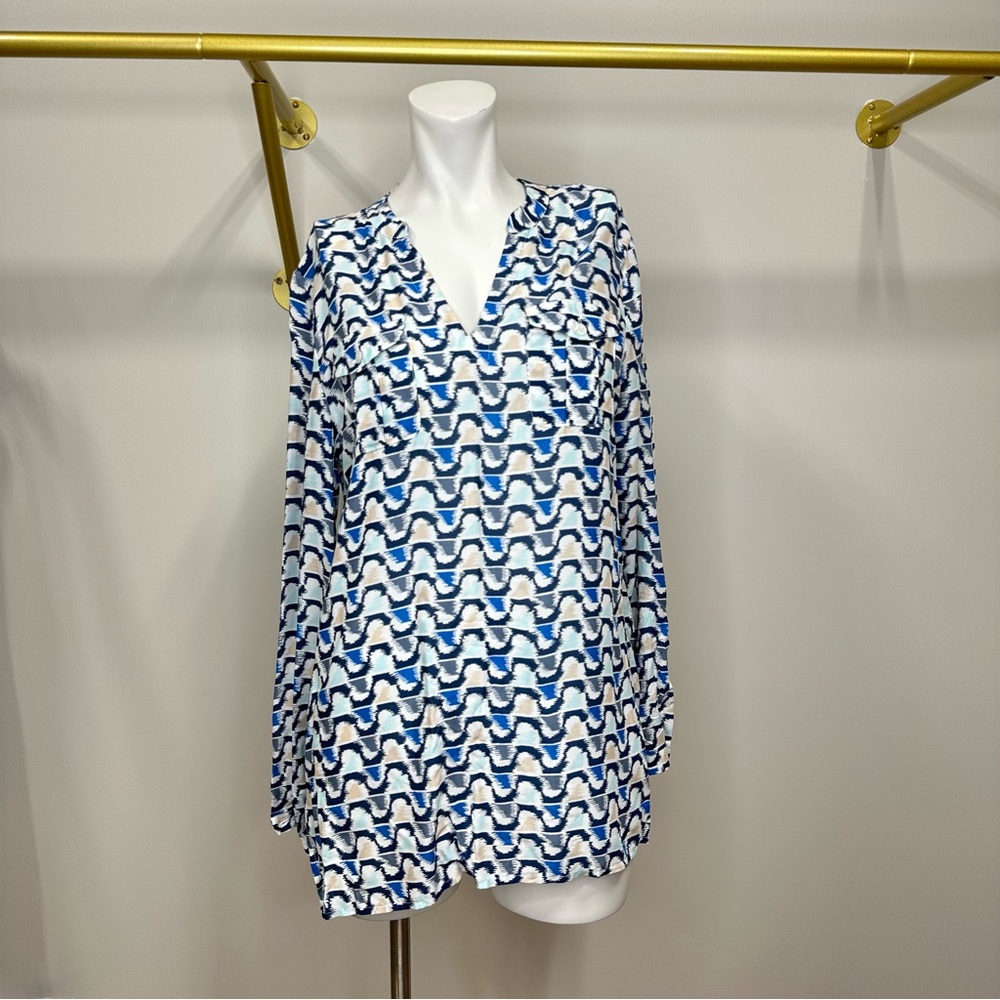 Two by Vince Camuto Blue Patterns Split Crew Neck Top